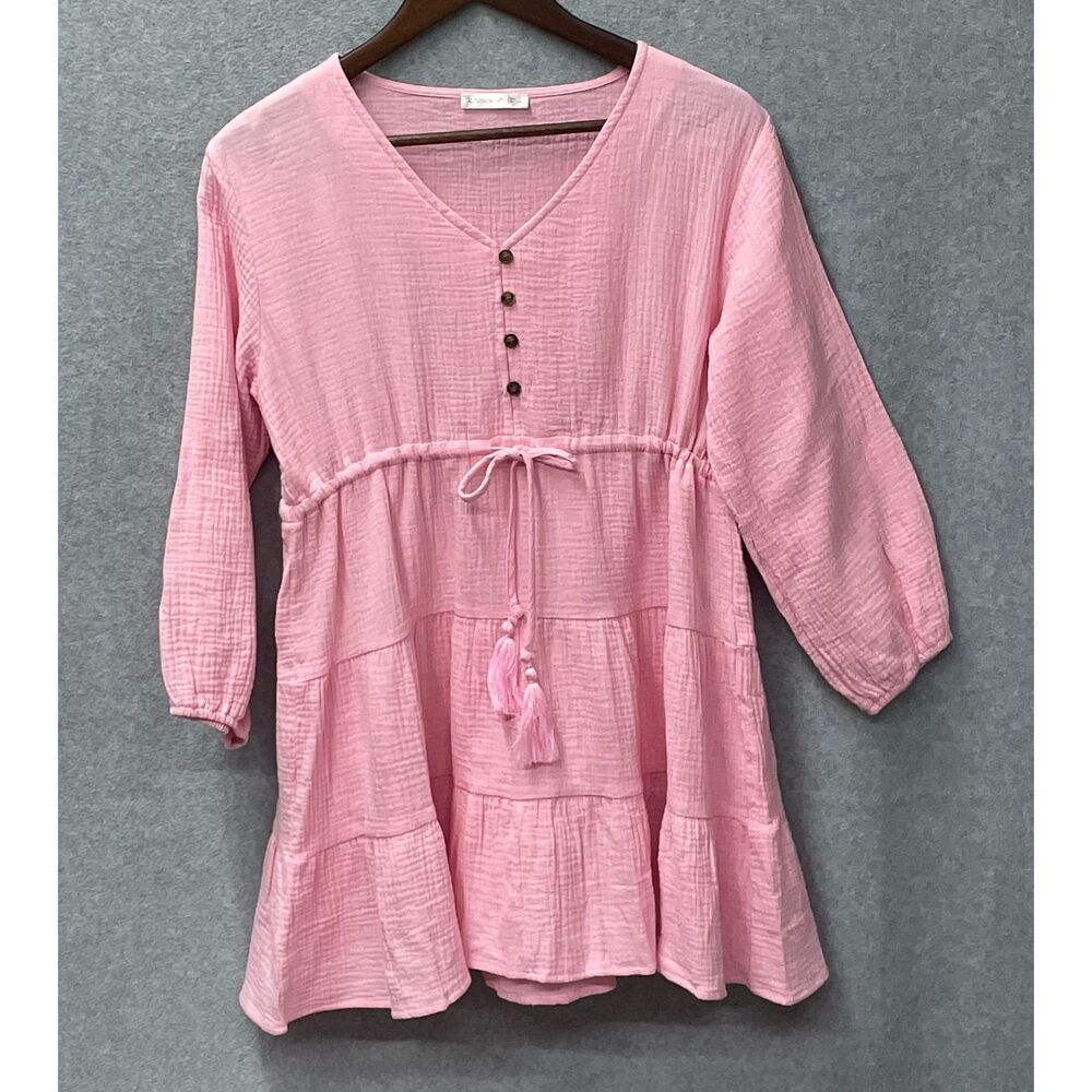 R Vivimos Pink Gauze Babydoll Tunic Dress Tassel Tiered Boho Small - Picture 5 of 8